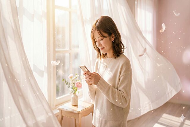 朝の柔らかい光・窓辺でたたずむ女性